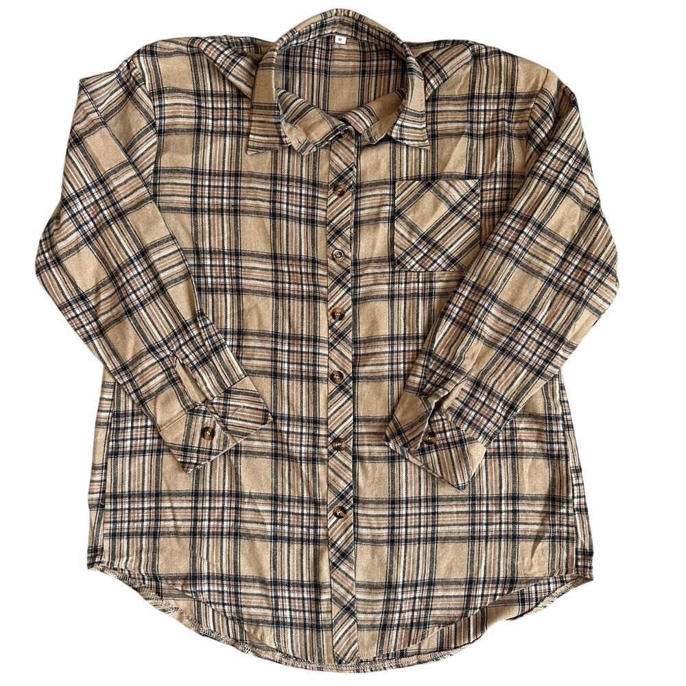 Beige/Black, Long Sleeve, Flannel Shirt- M